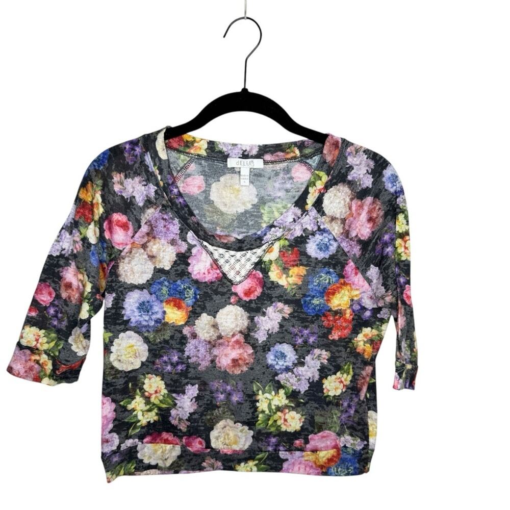 DELIA'S / black multicolored floral burnout half sleeve cropped tee y2k / S